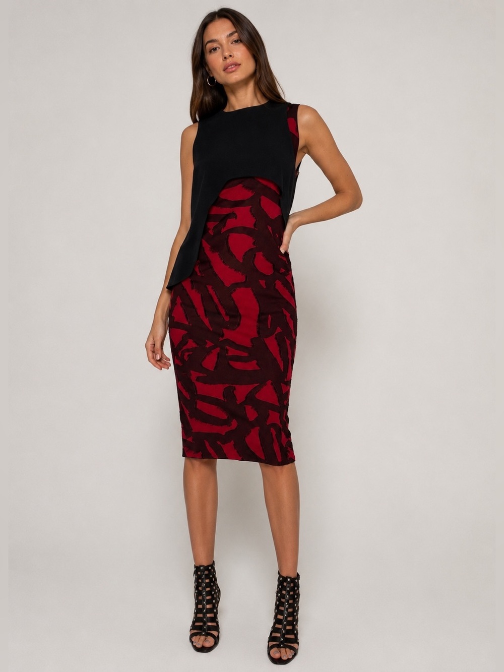 Proenza Schouler Red Black Abstract Print Asymmetrical Sheath Dress Size 2